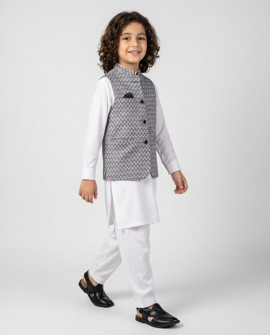 Boys midnight grey textured nehru waist coat — side view