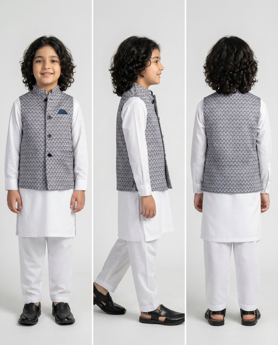 Boys midnight grey textured nehru waist coat — Eid styling