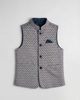 Boys midnight grey textured nehru waist coat — front view