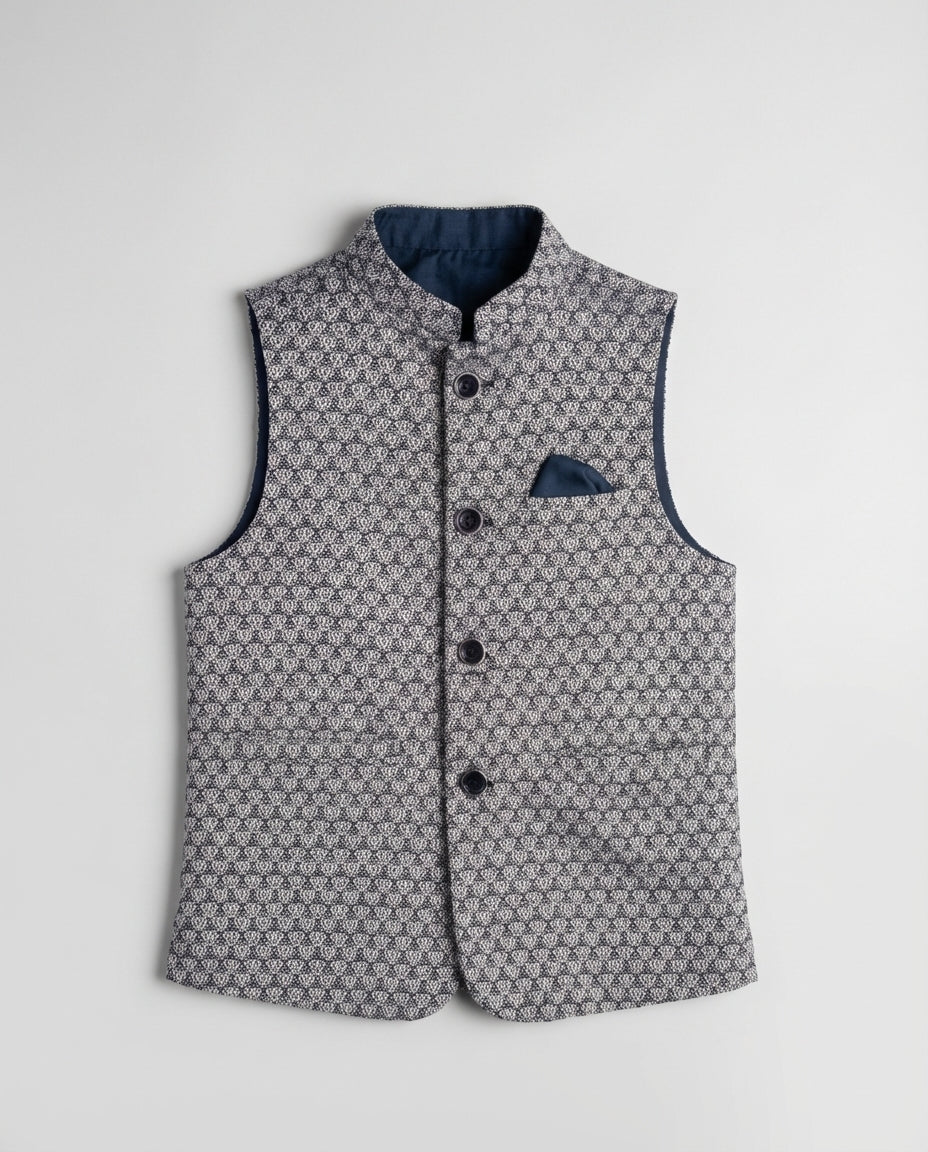 Boys midnight grey textured nehru waist coat — front view