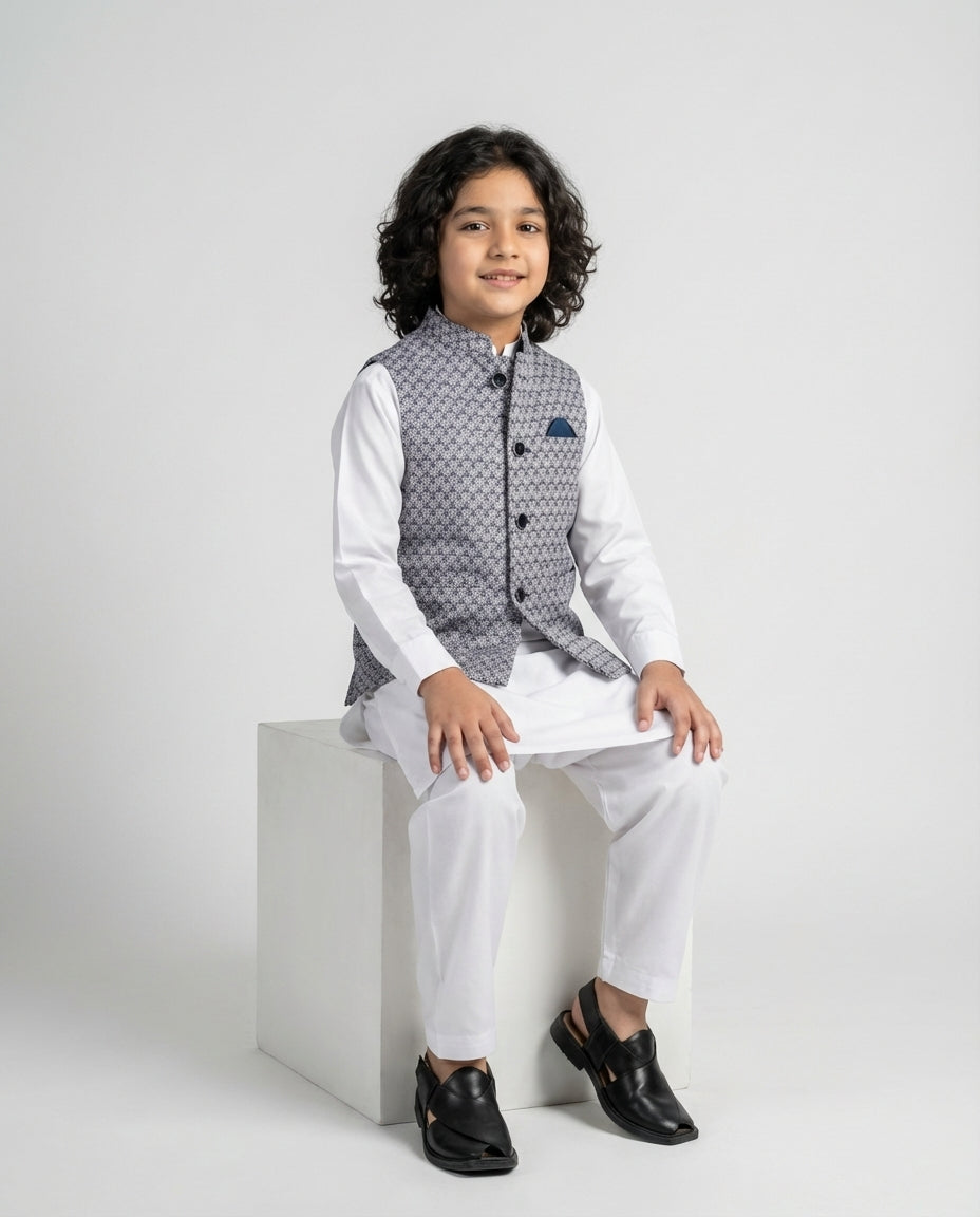 Boys midnight grey textured nehru waist coat — fabric detail