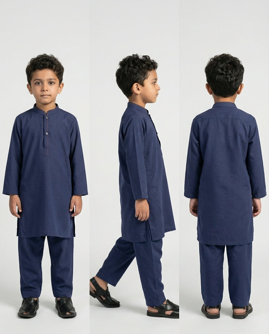 Navy shalwar kameez detail showing mandarin collar and contrast button placket