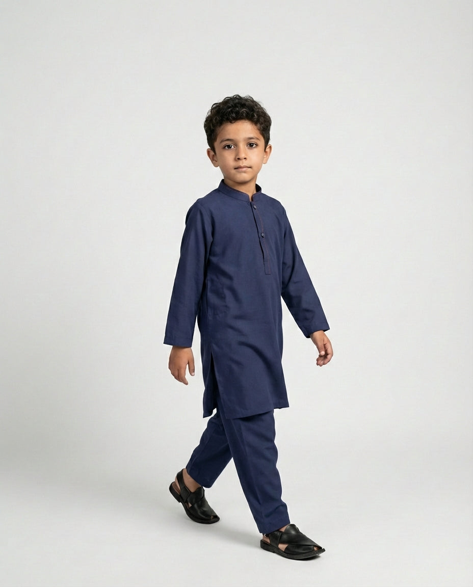 Boys navy cotton tunic shalwar kameez 2-piece set front view — Little Giants
