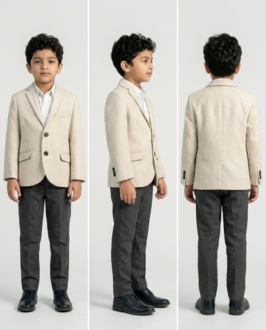 Oatmeal Textured Blazer for Boys — Wool Blend Formal