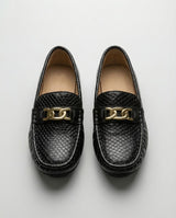 Boys noir black mini leather loafer — front view