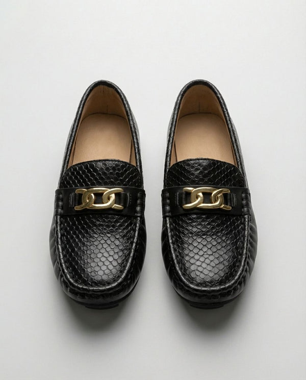 Boys noir black mini leather loafer — front view