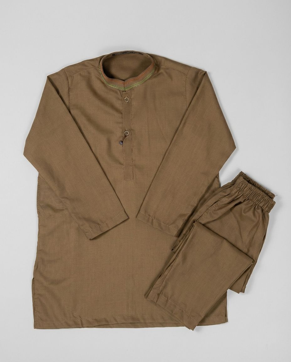 Boys khaki embroidered shalwar kameez Eid kurta — full outfit