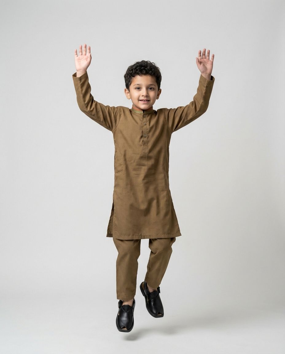 Boys khaki embroidered shalwar kameez Eid kurta — side view