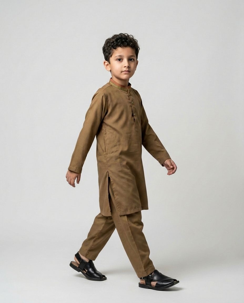 Boys khaki embroidered shalwar kameez Eid kurta — front view