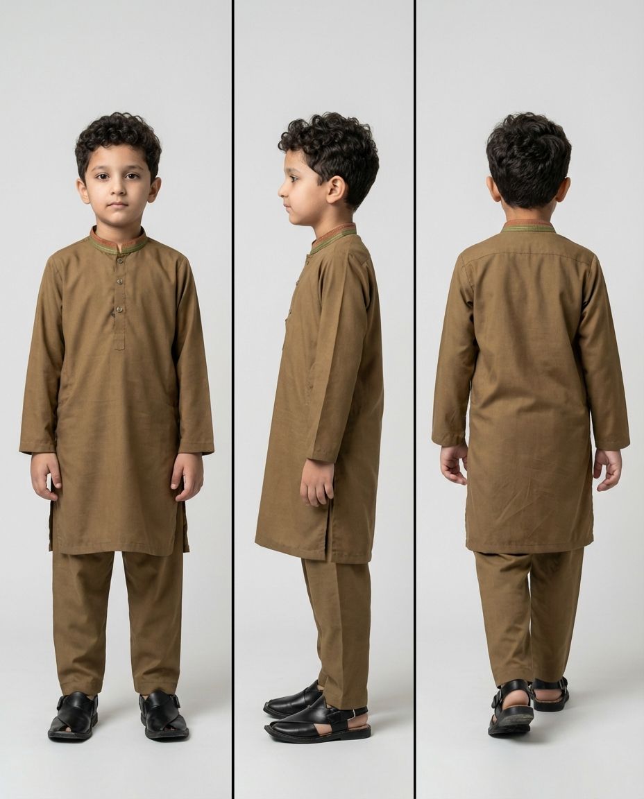 Boys khaki embroidered shalwar kameez Eid kurta — embroidery detail