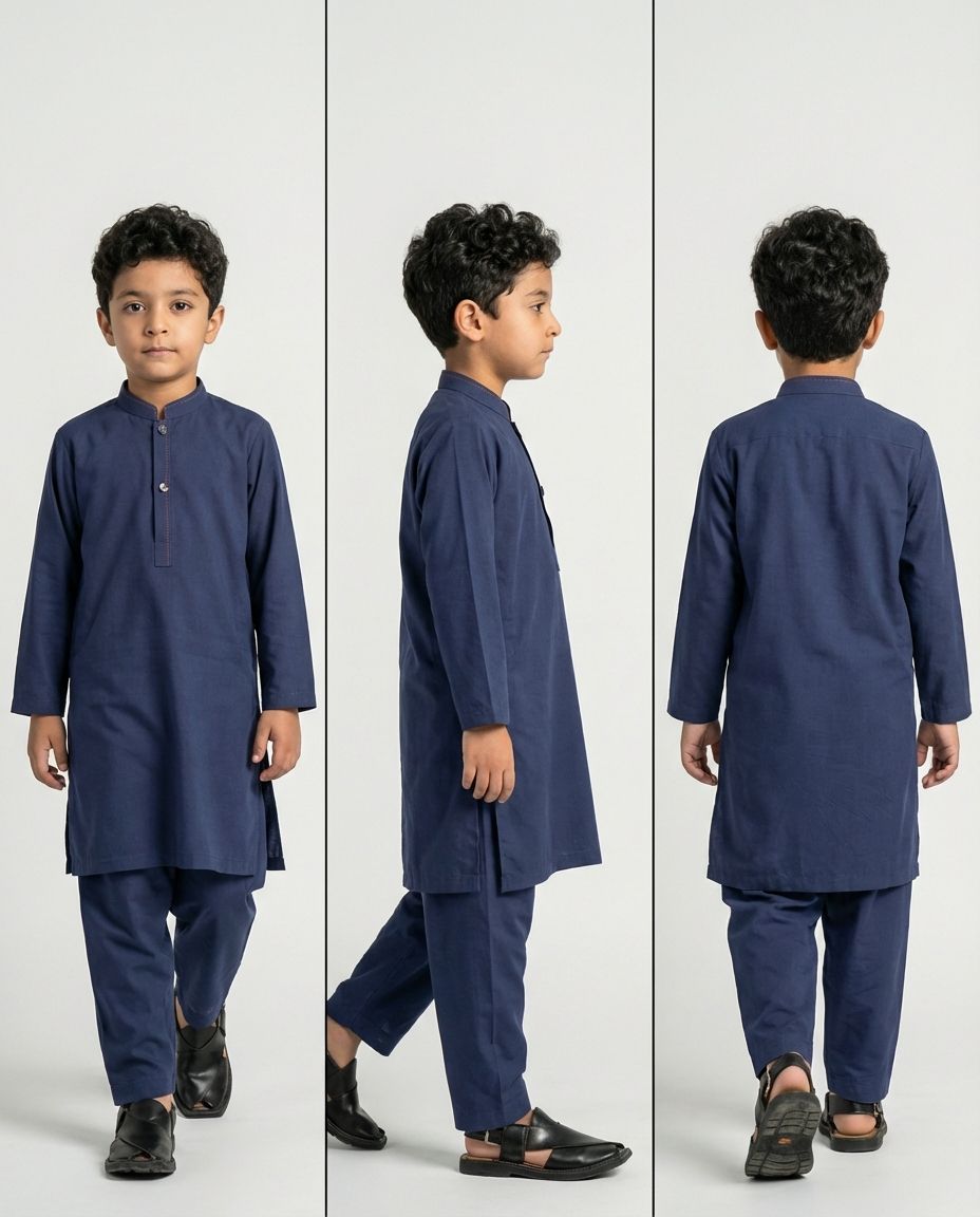Boys navy minimalist shalwar kameez clean cut — collar detail
