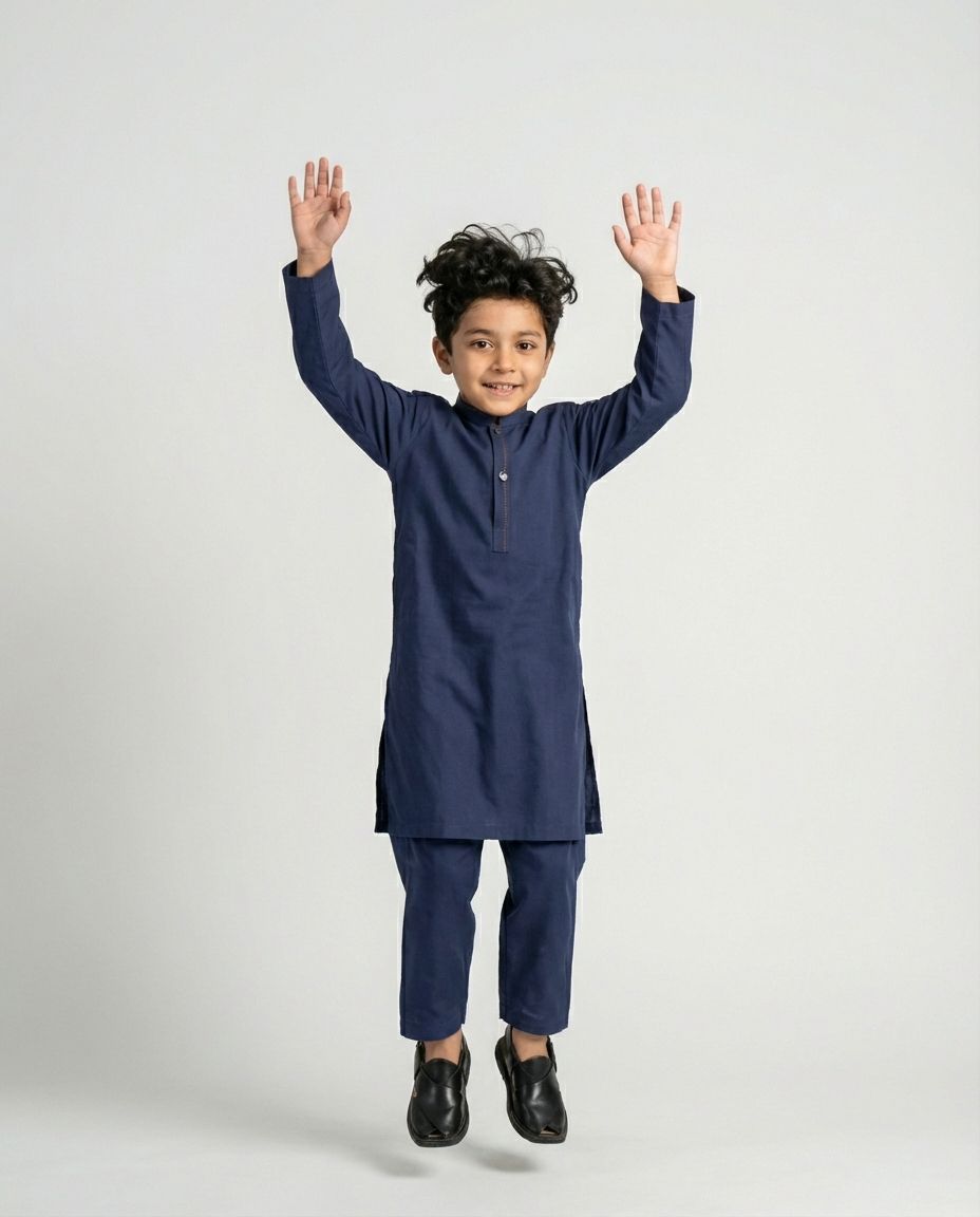 Boys navy minimalist shalwar kameez clean cut — side view