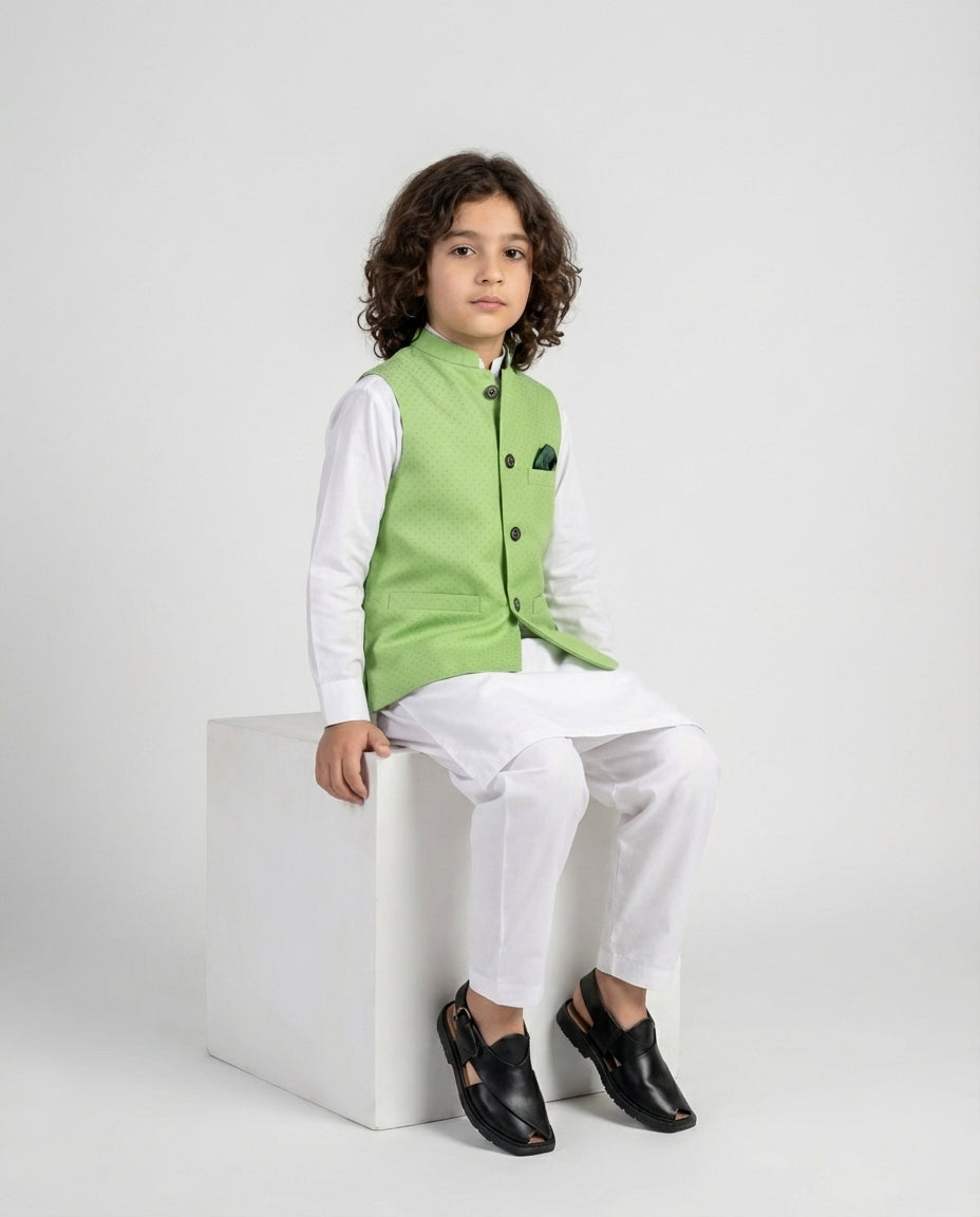 Boys lime green textured waist coat bright — fabric detail