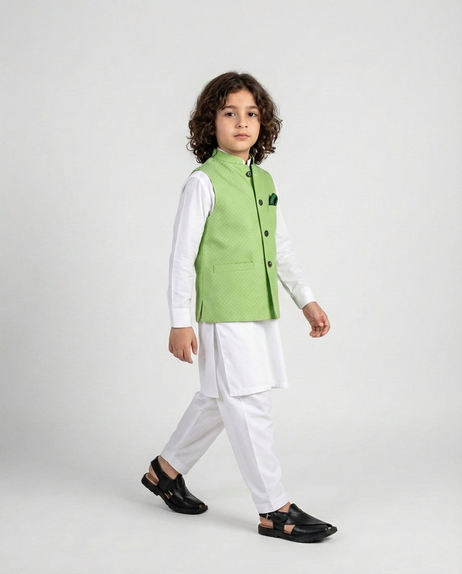 Boys lime green textured waist coat bright — side view