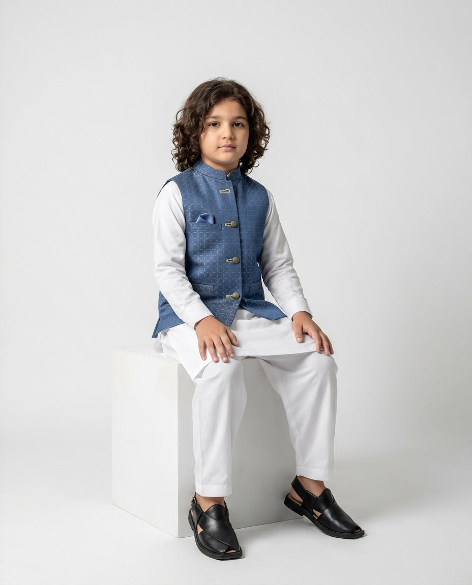 Boys cerulean blue dobby waist coat textured — weave detail