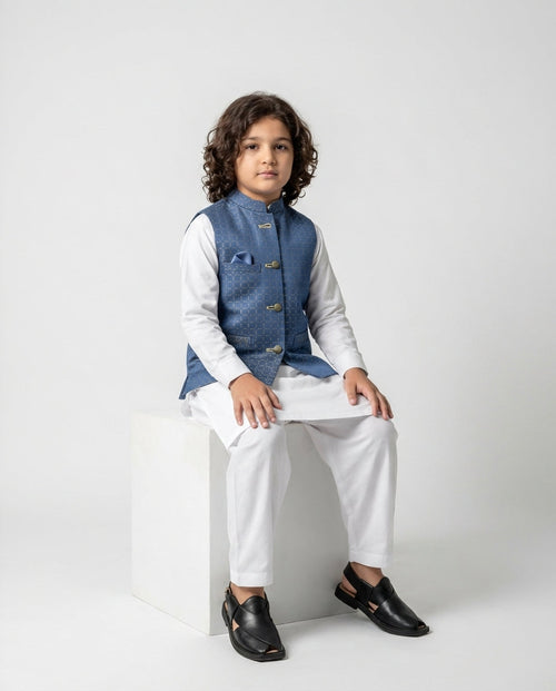 Boys cerulean blue dobby waist coat textured — weave detail