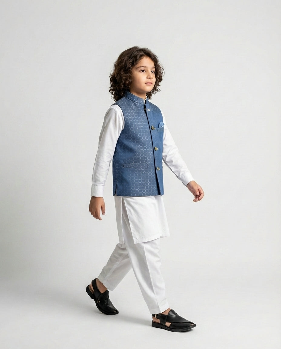 Boys cerulean blue dobby waist coat textured — side view