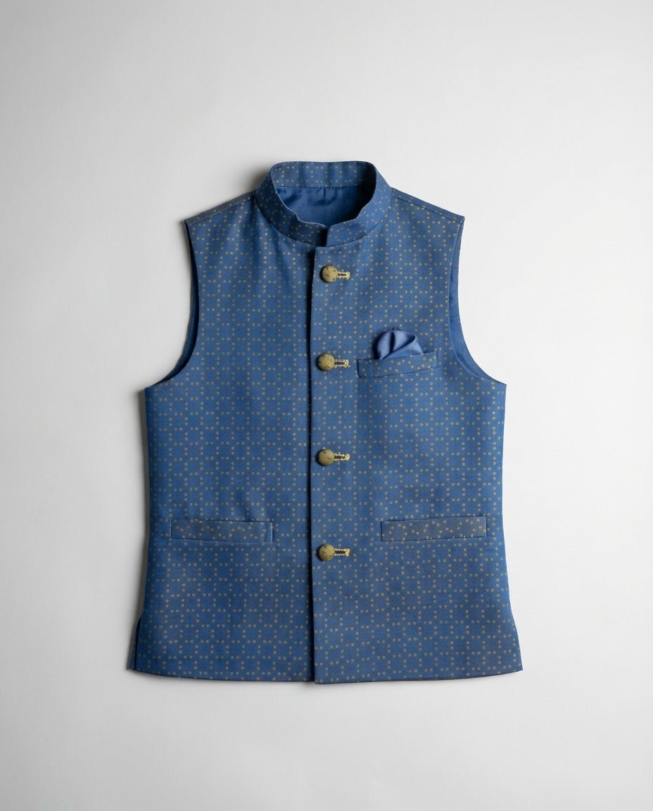Boys cerulean blue dobby waist coat textured — front view