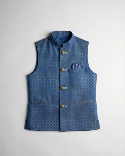 Boys cerulean blue dobby waist coat textured — front view