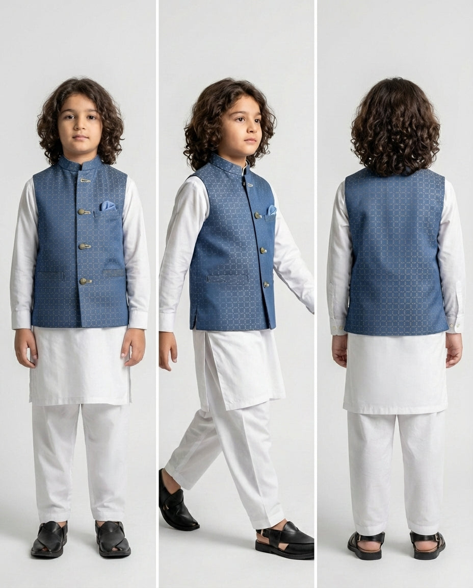 Boys cerulean blue dobby waist coat textured — Eid styling