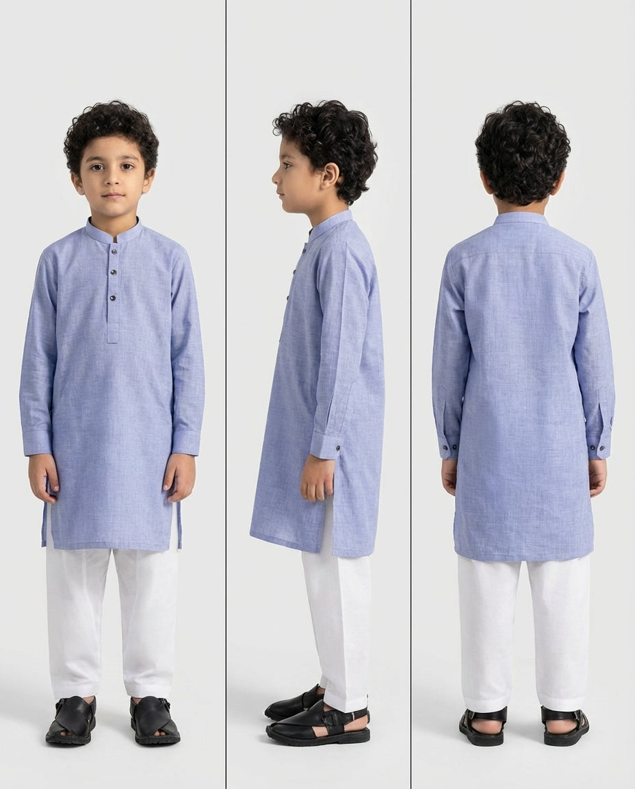 Boys sky blue chambray kurta lightweight — collar detail