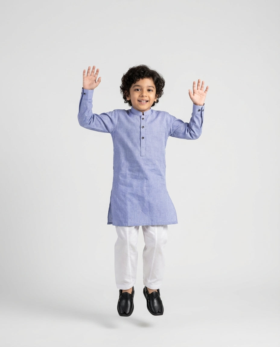 Boys sky blue chambray kurta lightweight — side view