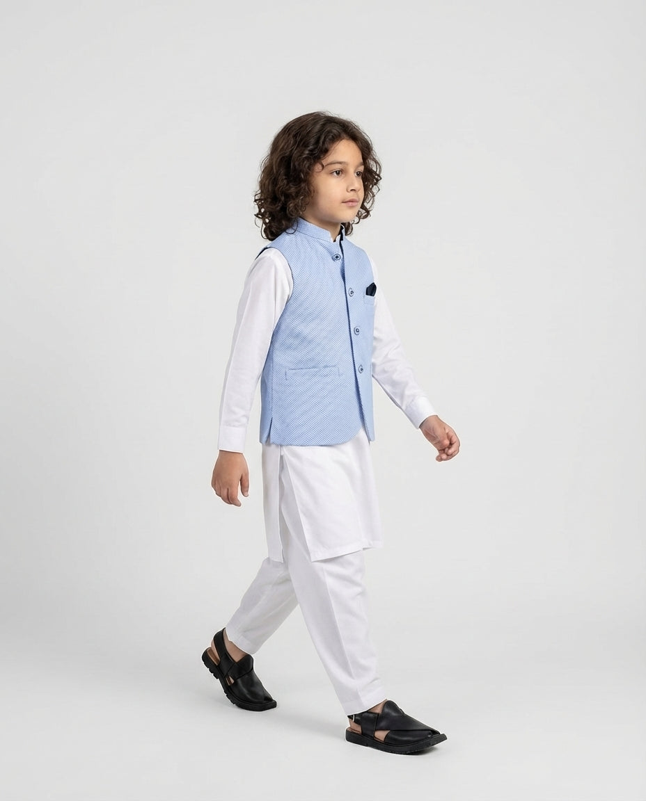 Boys light blue textured waist coat soft — side view