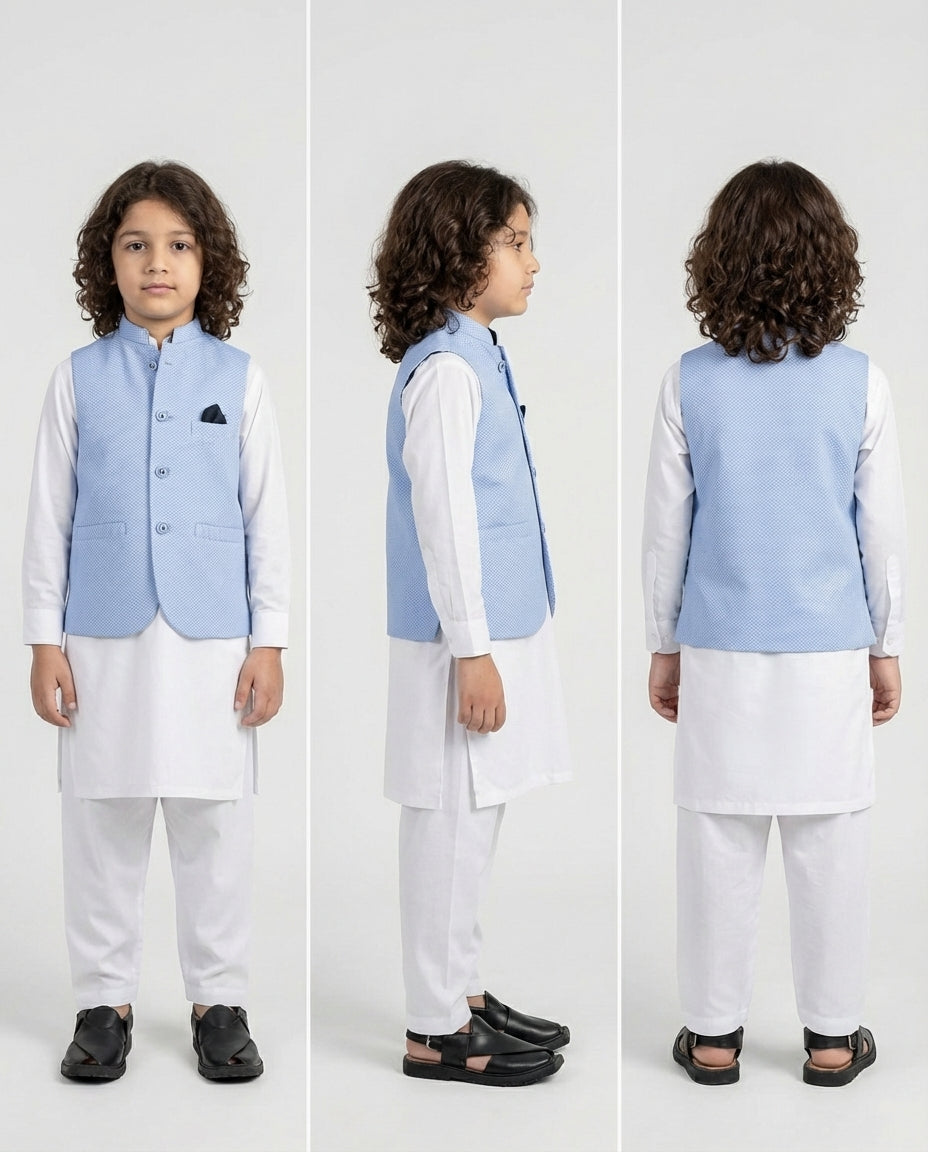 Boys light blue textured waist coat soft — Eid styling