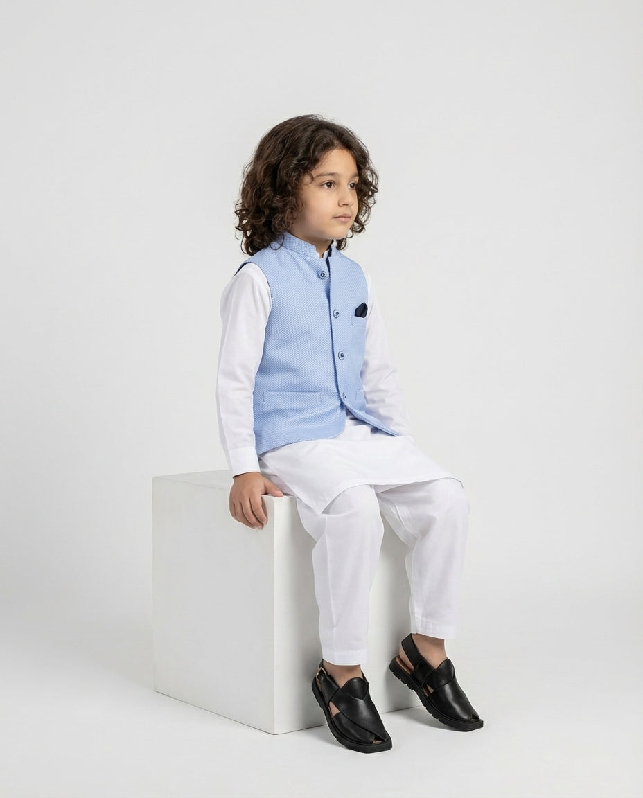 Boys light blue textured waist coat soft — fabric detail