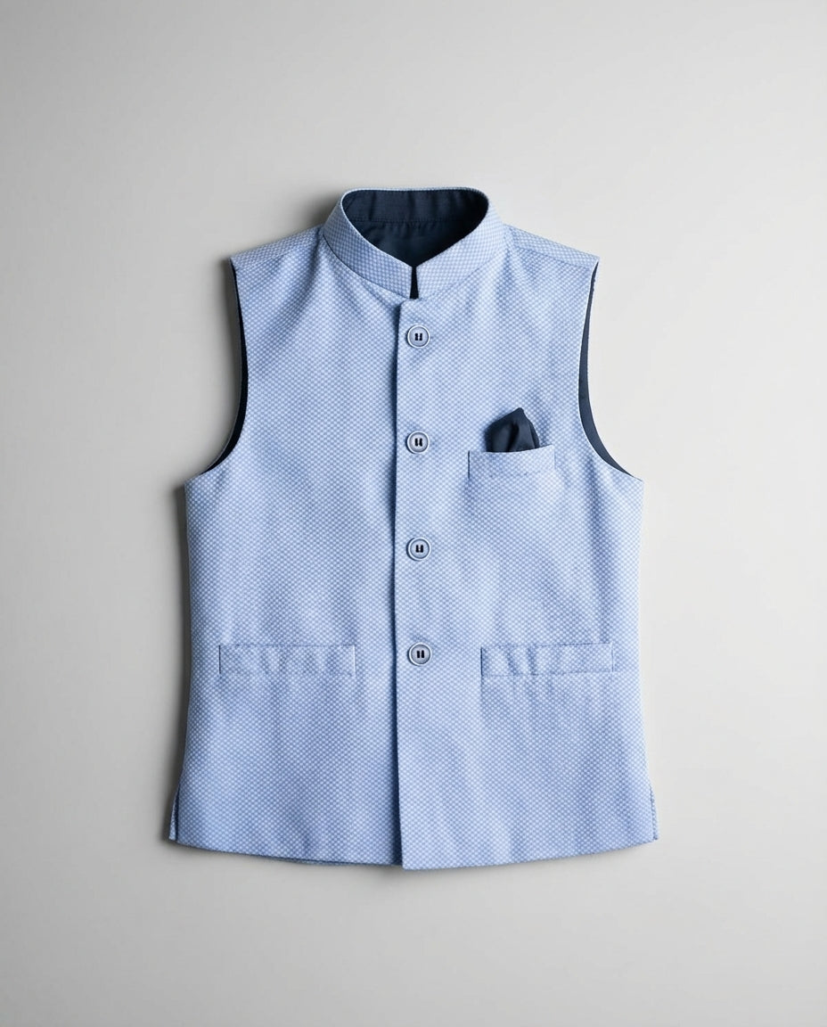 Boys light blue textured waist coat soft — front view