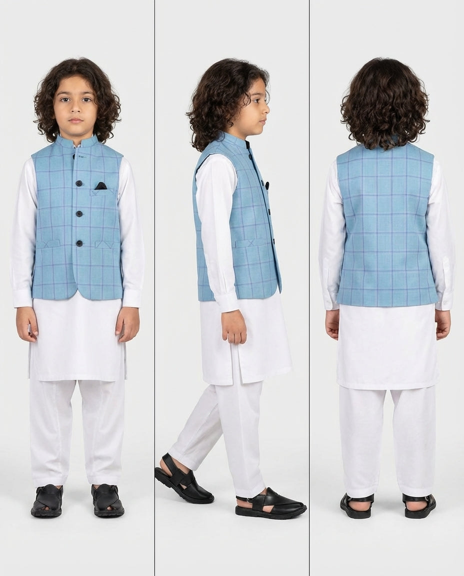 Boys sky blue windowpane check waist coat — Eid styling