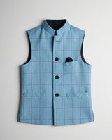 Boys sky blue windowpane check waist coat — front view