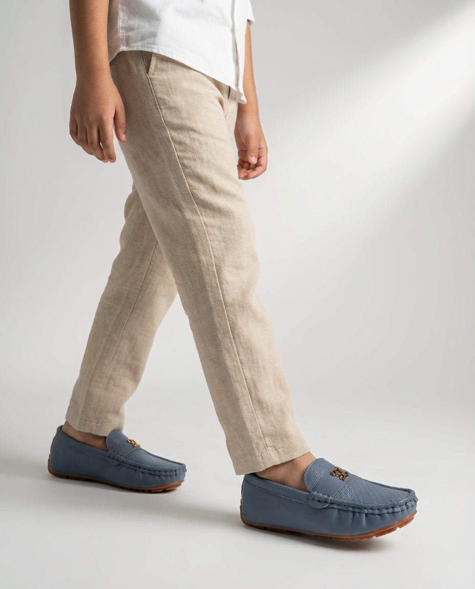 Boys slate blue textured leather loafer — side profile