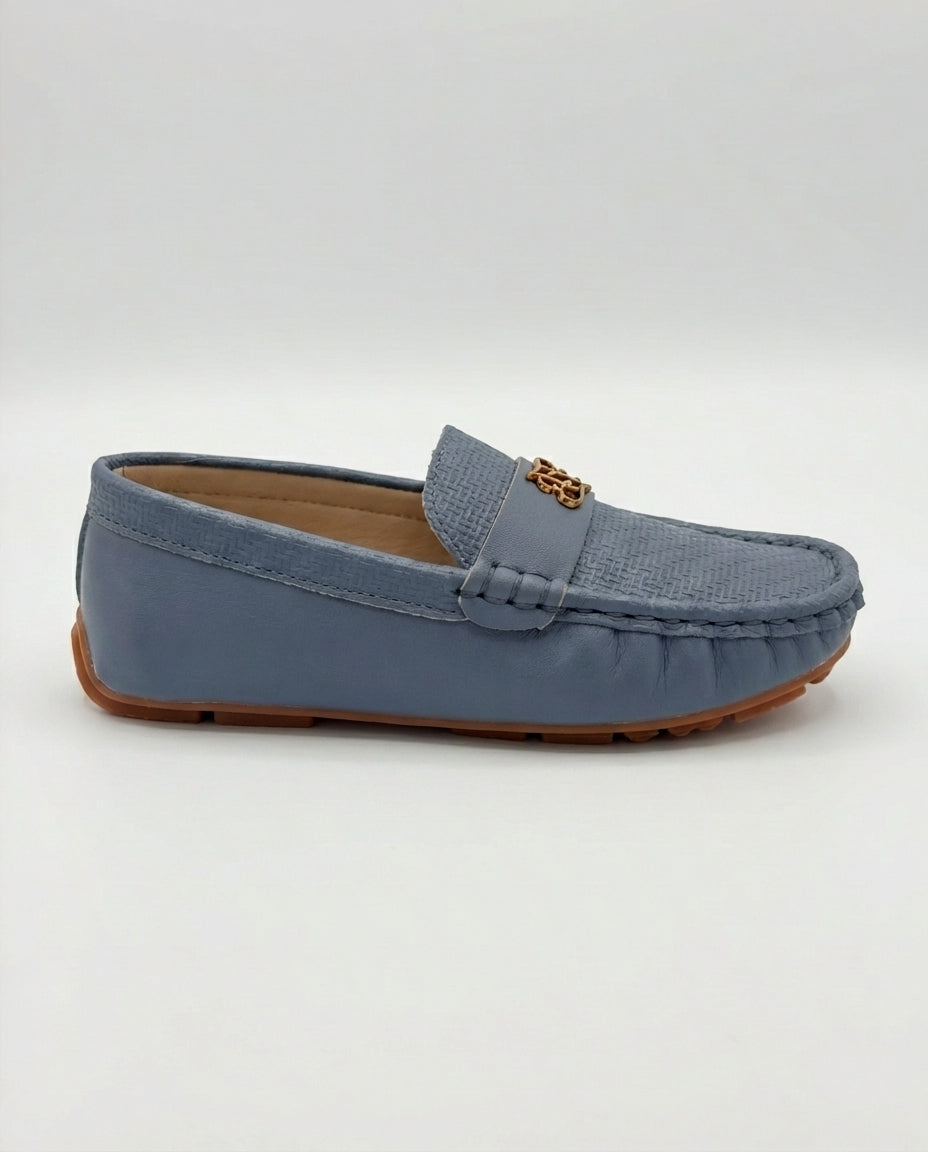 Boys slate blue textured leather loafer — front view