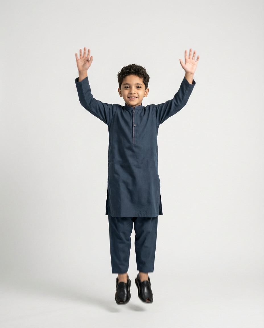 Boys slate blue shalwar kameez cotton set — side view