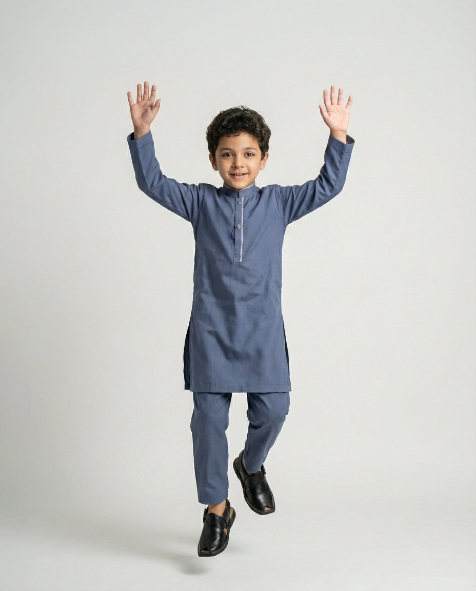 Boys slate navy shalwar kameez tailored set — side view