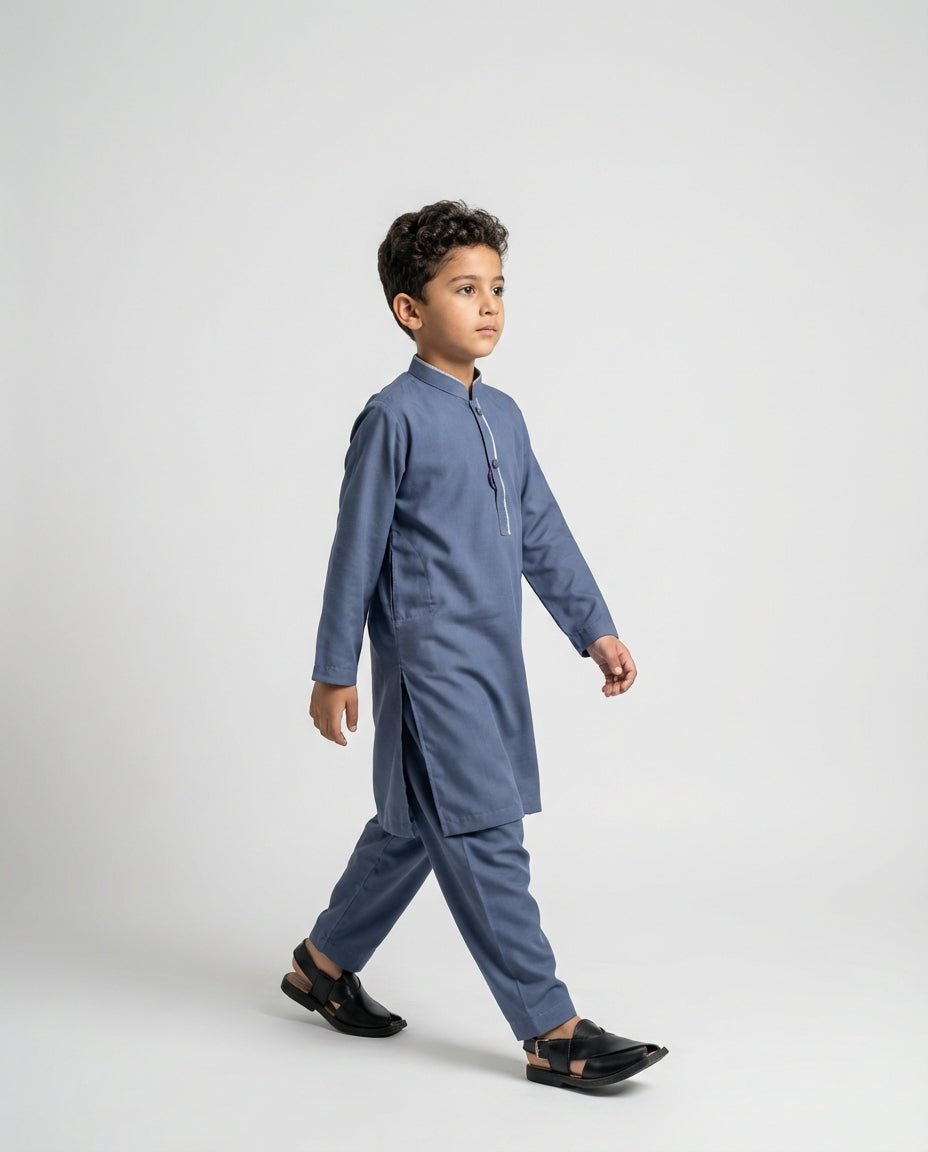 Boys slate navy shalwar kameez tailored set — front view