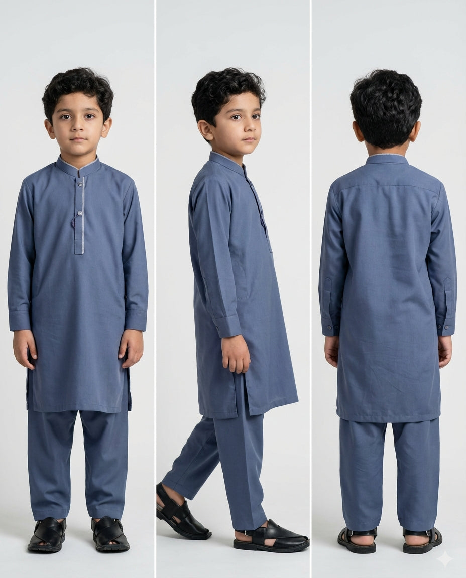 Boys slate navy shalwar kameez tailored set — fabric detail