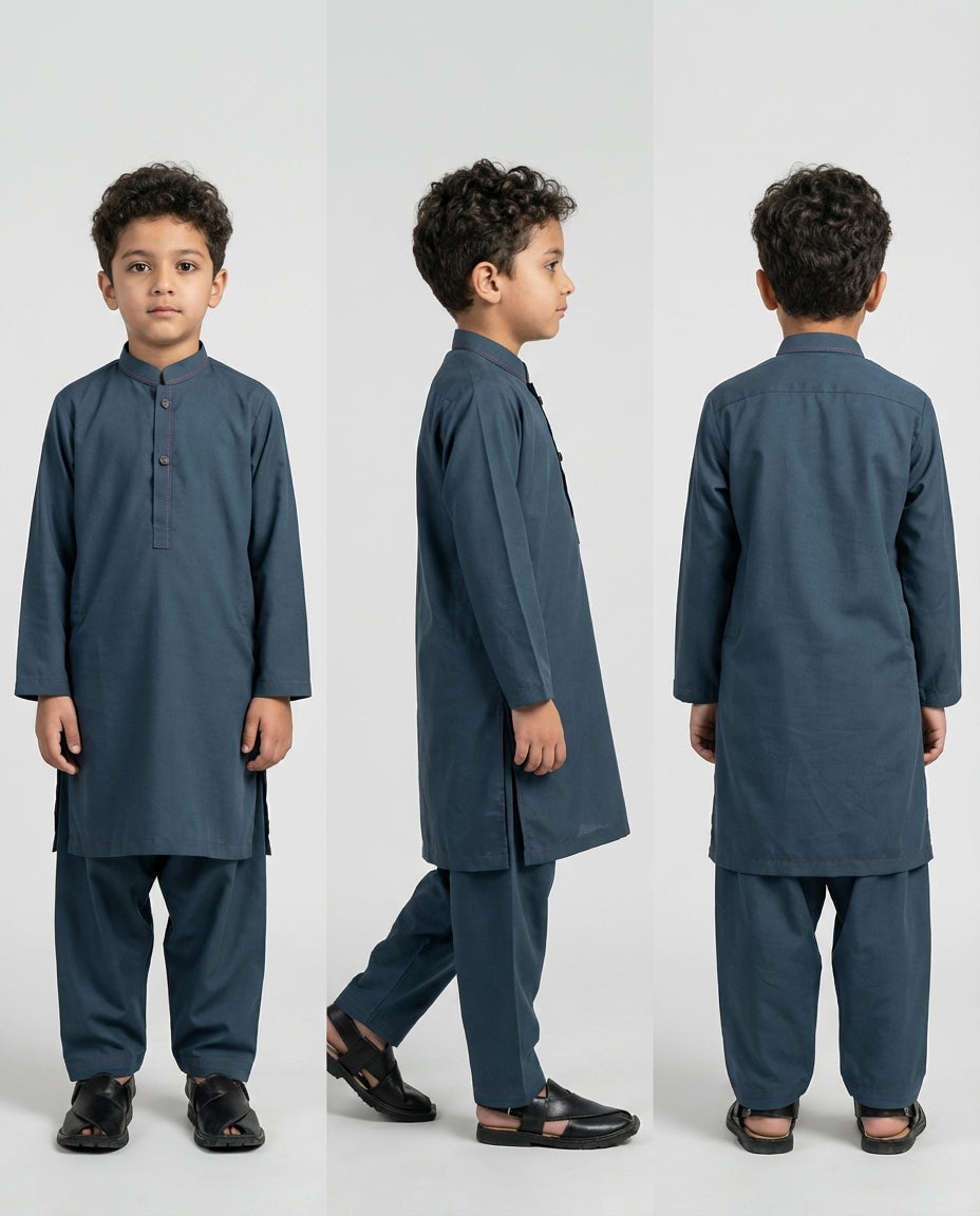 Boys slate blue teal shalwar kameez Eid set — collar detail