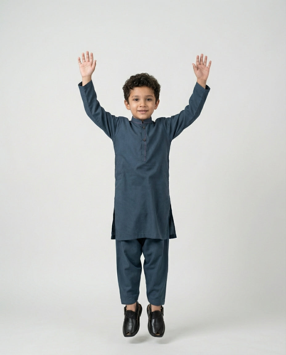 Boys slate blue teal shalwar kameez Eid set — side view