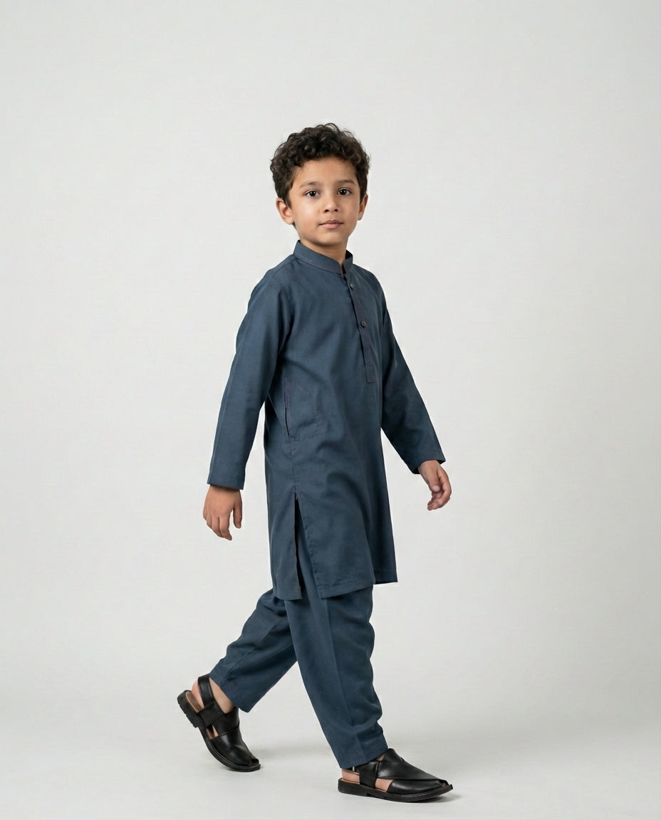 Boys slate blue teal shalwar kameez Eid set — front view