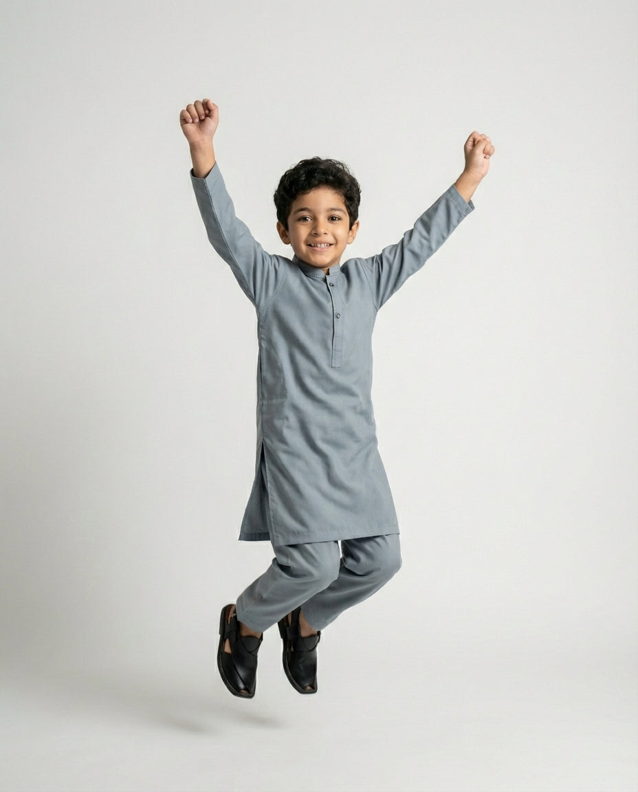 Boys slate grey modern shalwar kameez — side view