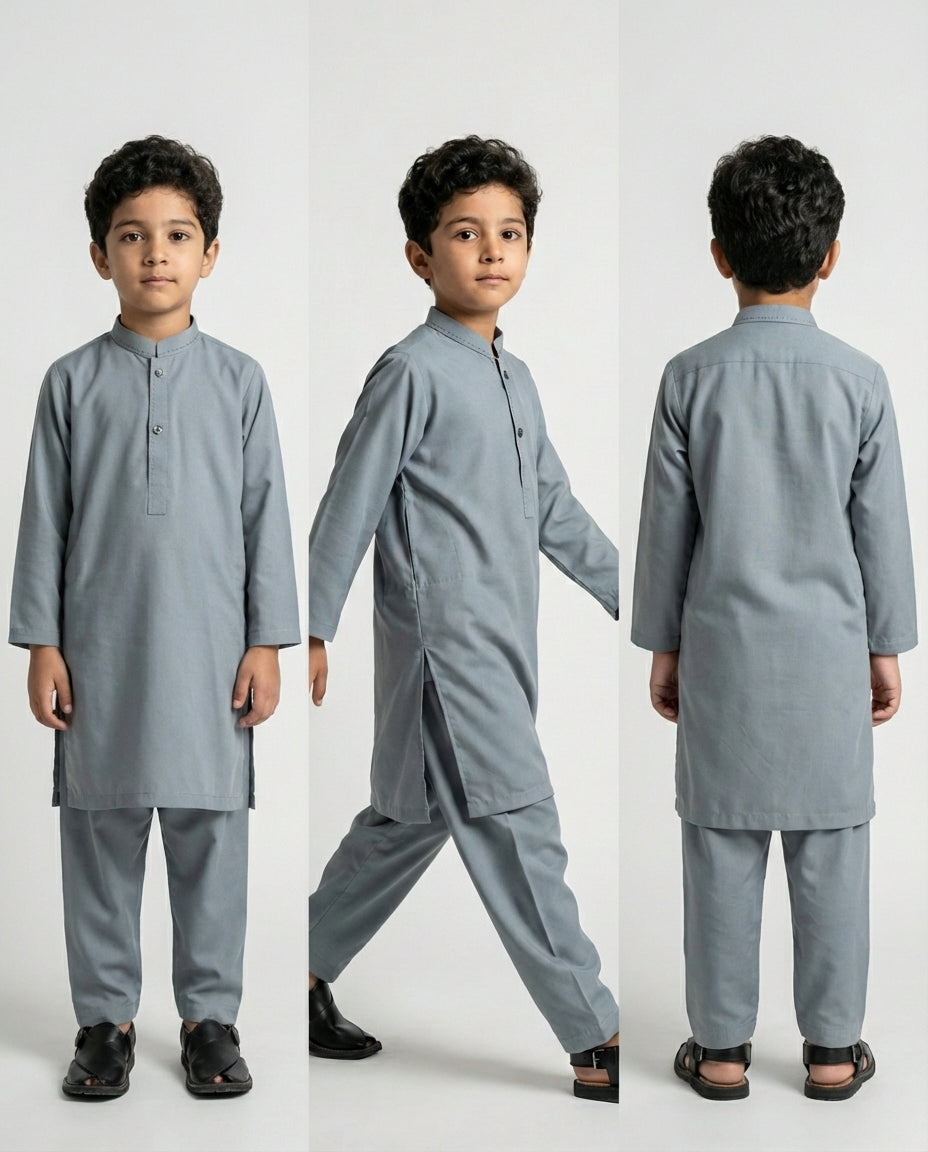 Boys slate grey modern shalwar kameez — collar detail