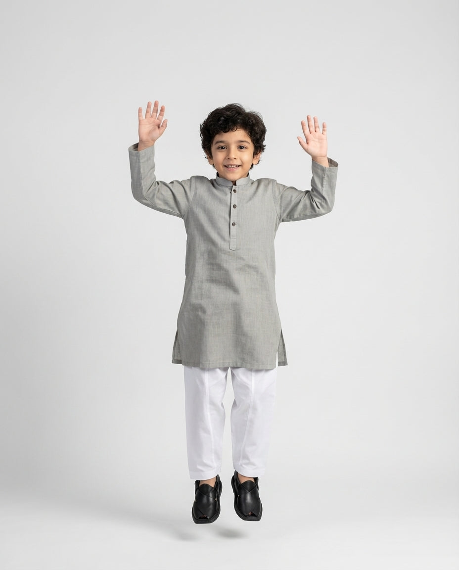 Boys soft grey textured cotton slub kurta — side view