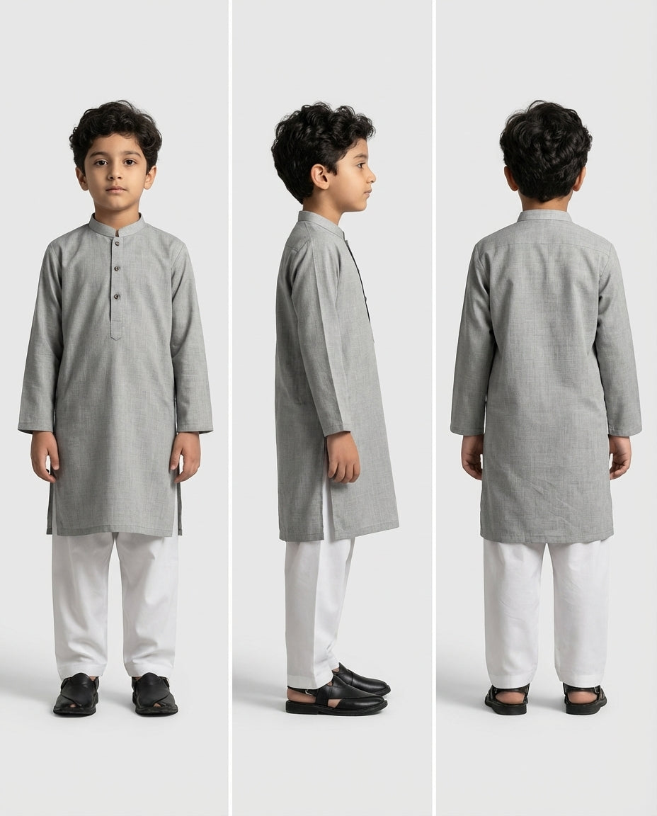 Boys soft grey textured cotton slub kurta — fabric texture