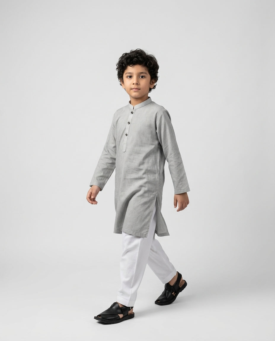 Boys soft grey textured cotton slub kurta — front view