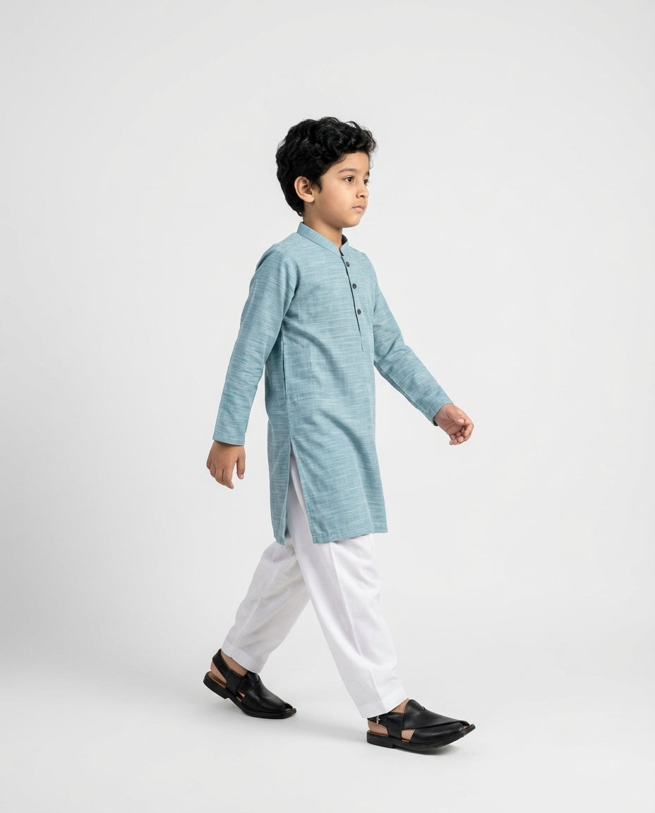 Boys teal slub cotton kurta textured — front view