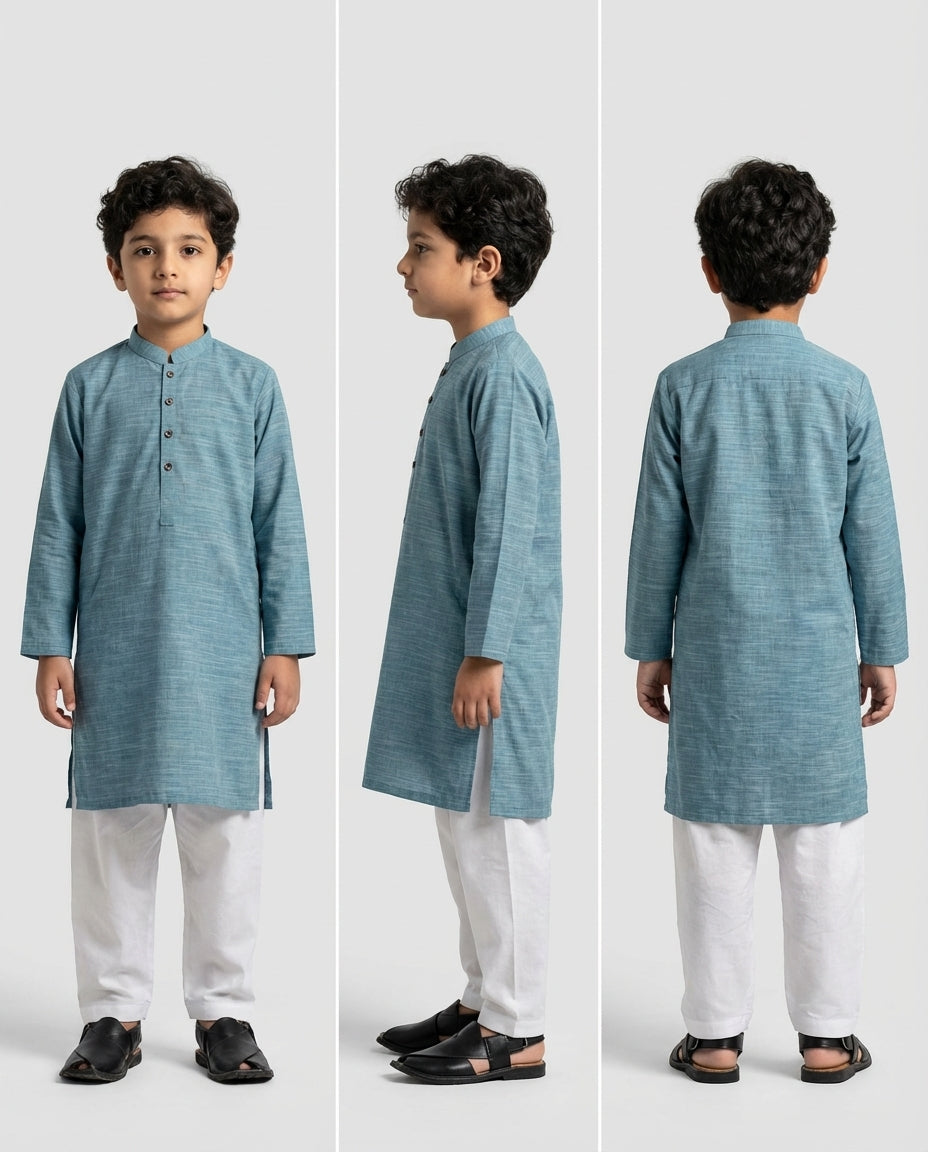 Boys teal slub cotton kurta textured — fabric texture