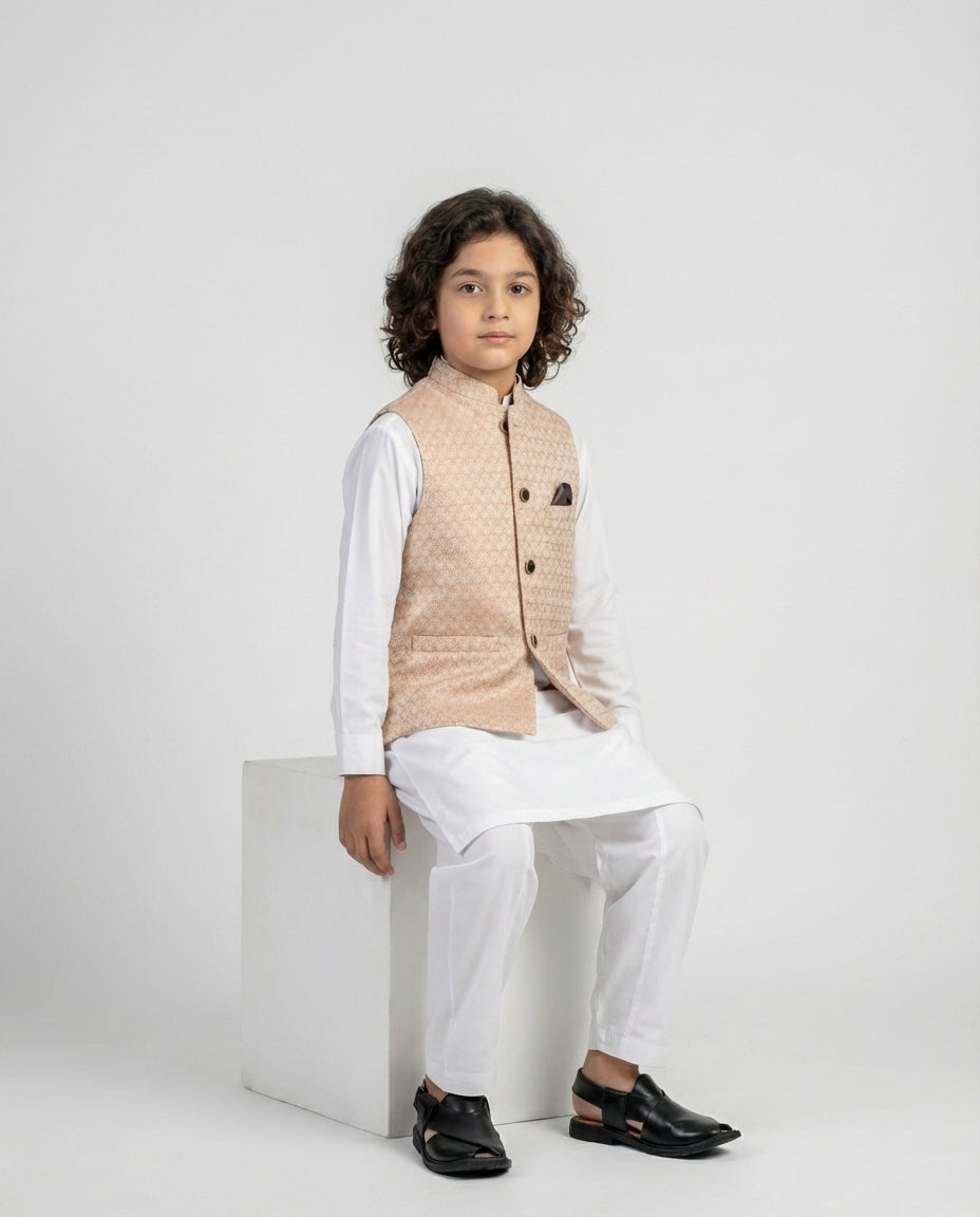 Boys camel textured waist coat earth tone — fabric detail