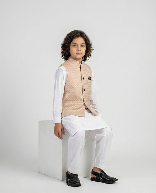 Boys camel textured waist coat earth tone — fabric detail